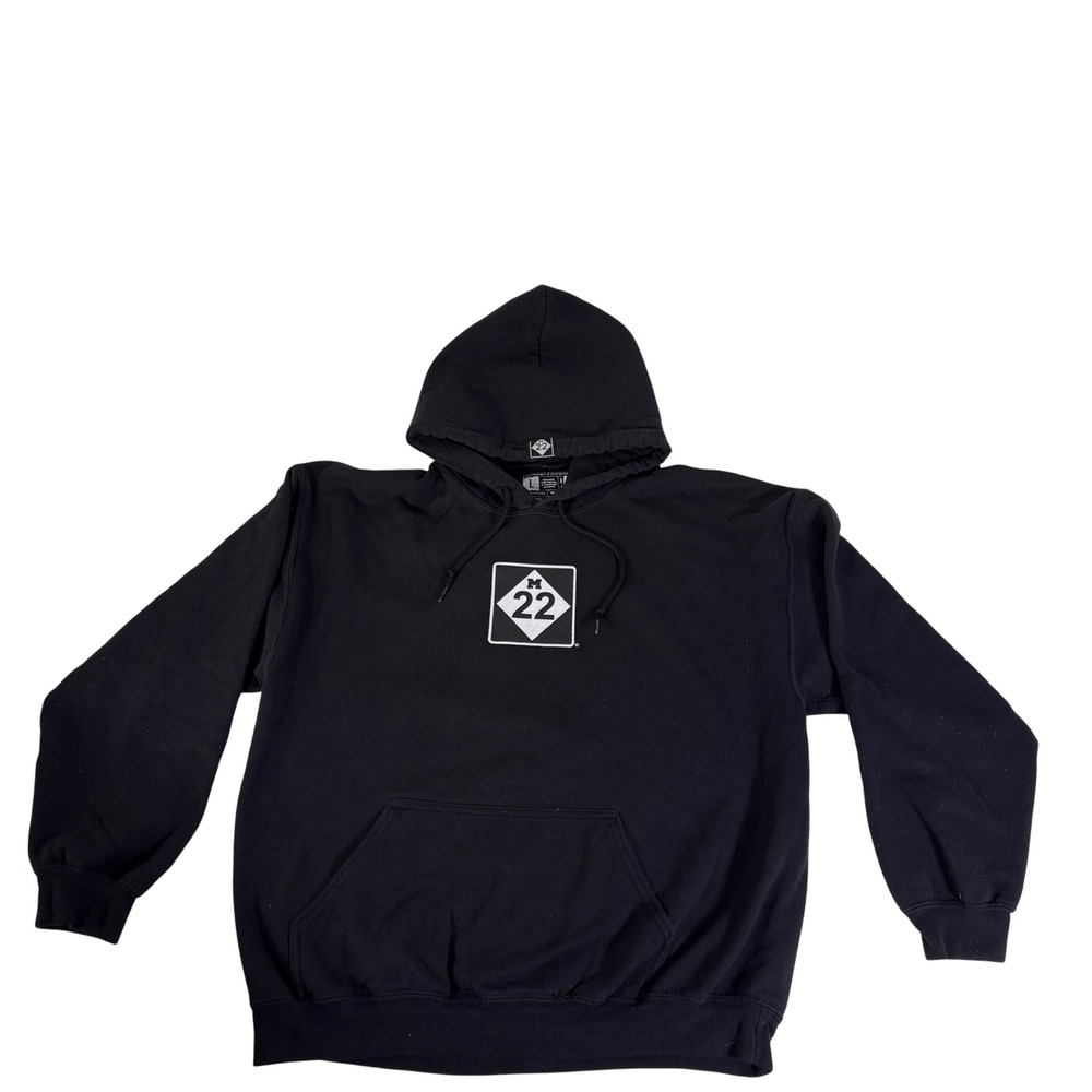M22 Hoodie Mens L Black Graphic Pullover Sweatshirt Michigan Road Sign Logo